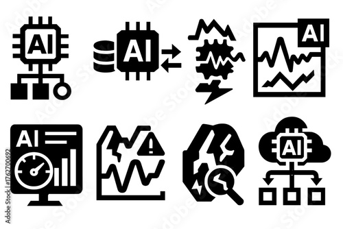 AI-Enhanced Distributed Storage silhouette set: predictive load balancer, automated replication tool, anomaly detection system, adaptive scaling chart, AI optimization dashboard,