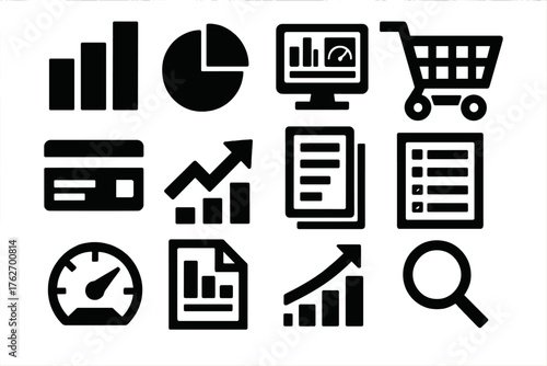 E-Commerce Analytics silhouette set: bar chart, pie graph, dashboard screen, shopping cart, credit card, trend arrow, data sheet, order list, KPI meter, report file, growth icon,