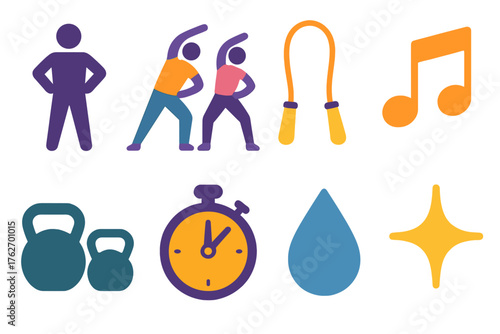 Class Energy flat icons: instructor silhouette, participants stretching, jump rope, kettlebells, upbeat music note, timer, sweat drop, motivation spark.