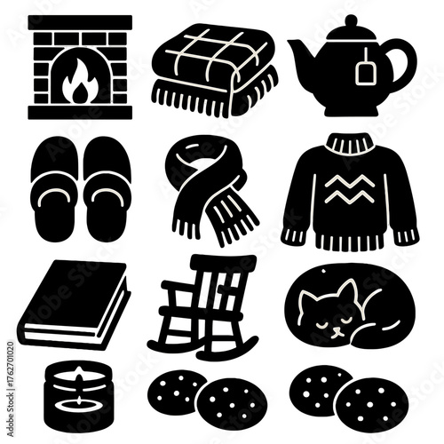 Cozy Winter Figurines silhouette set: fireplace, blanket, teapot, cup of tea, slippers, wool scarf, rocking chair, knit sweater, book, candle jar, cookies, sleeping cat.