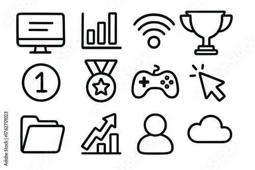 Online Scores set of icons in doodle hand-drawn vector style: monitor, chart, Wi-Fi signal, trophy, number icon, medal, gamepad, cursor, folder, ranking arrow, player profile,