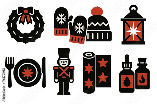 Holiday Merchandise silhouette set: decorative wreath, warm mittens, winter hat, glowing lantern, festive tableware, toy soldier, Christmas wrapping paper, scented oils.
