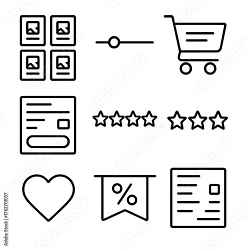 E-Commerce UI Patterns outline icon set: product card grid, price filter slider, shopping cart drawer, review star set, checkout form layout, promo banner, wishlist heart icon,
