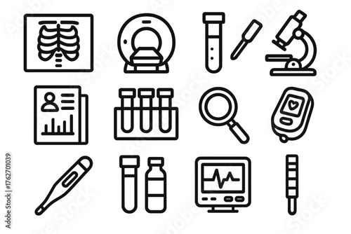 Diagnostic Clinical Tools outline icon set: X-ray, MRI scanner, test tube, microscope, report chart, sample tray, magnifying glass, pulse oximeter, thermometer, blood vial, medical