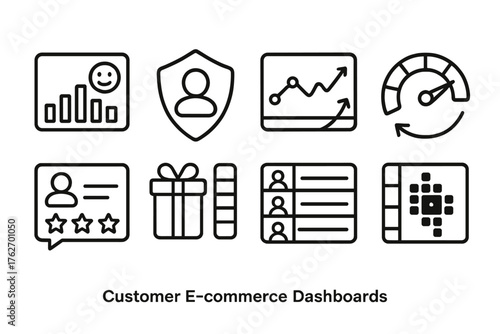 Customer E-Commerce Dashboards outline icon set: satisfaction rating chart, retention analytics badge, repeat buyer graph, churn rate meter, customer feedback card, loyalty program