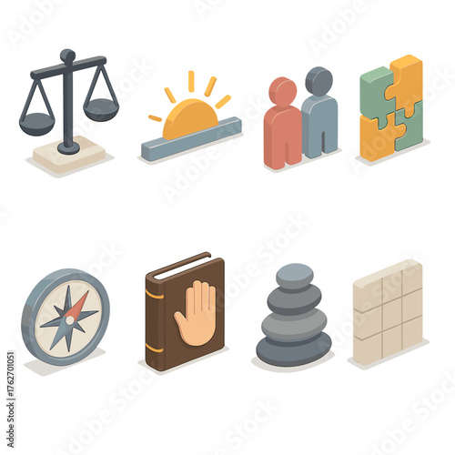 Impartiality set icons in modern isometric flat vector style: symmetry icon, sunrise horizon, two figures, puzzle fit, compass rose, oath book, stacked stones, even grid.