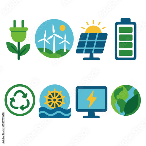 Renewable Energy flat icons: eco plug, wind turbine field, solar rays, battery bank, sustainability icon, water power, energy monitor, globe leaf.