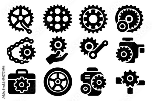 Sprocket Usage silhouette set: bicycle sprocket, motorcycle sprocket, conveyor sprocket, sprocket with belt, sprocket turning chain, hand holding sprocket, sprocket with crank,