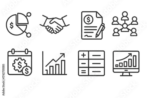 Corporate Revenue Models outline icon set: diversified income streams chart, B2B contract icon, licensing agreement file, partnership network badge, service retainer plan, ROI
