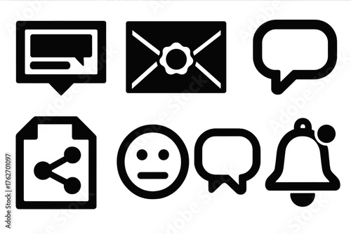 Communication Design silhouette set: message center, letter with seal, speech balloon, call icon, shared file symbol, emoji face, conversation thread, bell alert.