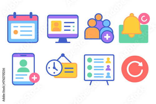 Clinic Scheduling flat icons: daily appointment tracker, reception dashboard, walk-in queue icon, follow-up reminder card, patient booking screen, clinic hours display, doctor