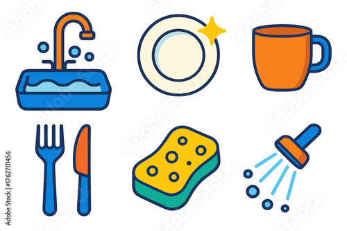 Dishwashing flat icons: sink, plate, cup, fork and knife, sponge, water spray.