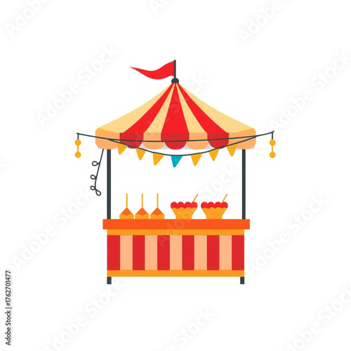 Colorful Festival Food Booth with Lights and Red Canopy — Flat Vector Art
