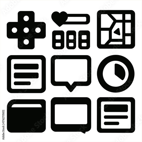User Interface silhouette set: button layout, health bar, minimap, icon set, menu screen, dialogue box, progress wheel, tooltip card.
