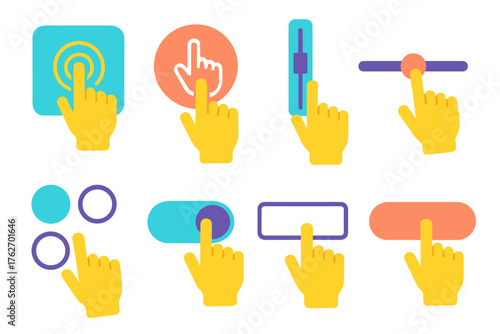Touch UI Elements flat icons: gesture pad, icon button, scroll bar, slider control, radio select, toggle switch, input form, action button.