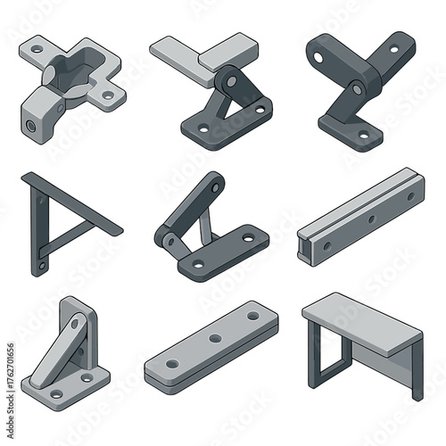 Furniture hinge set icons in modern isometric flat vector style: cupboard hinge, table joint, folding chair hinge, drawer slider, shelf bracket, bed frame hinge, toolbox hinge,