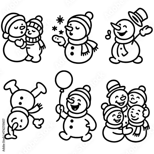 Joyful Snowmen outline icon set: snowman hugging child, snowman blowing snowflakes, snowman tossing hat, snowman whistling, snowman doing cartwheel, snowman laughing hard, snowman