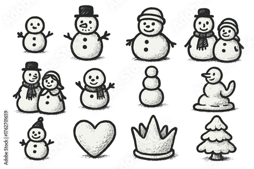 Frosty Snow Figures set of icons in doodle hand-drawn vector style: mini snowman, tall snowman, chubby snowman, snow family, snow couple, snow kid, snowball tower, snow sculpture,