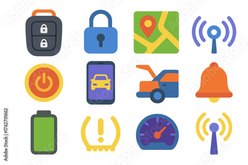 Vehicle Remote Control flat icons: car key fob, lock button, engine start, GPS map, signal waves, smartphone app, trunk icon, alarm symbol, battery level, tire pressure icon,