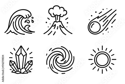 Energy outline icon set: wave crash, volcanic eruption, comet, magnetic field, glowing crystal, plasma swirl, engine gear, glowing ring.