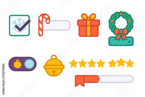 Holiday Form Elements flat icons: snowflake checkbox, candy cane input field, gift box submit button, wreath dropdown, ornament toggle, sleigh bell radio, star rating, ribbon