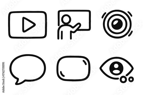 Video Stream set of icons in doodle hand-drawn vector style: play button, presenter icon, camera lens, live badge, chat bubble, viewer count.
