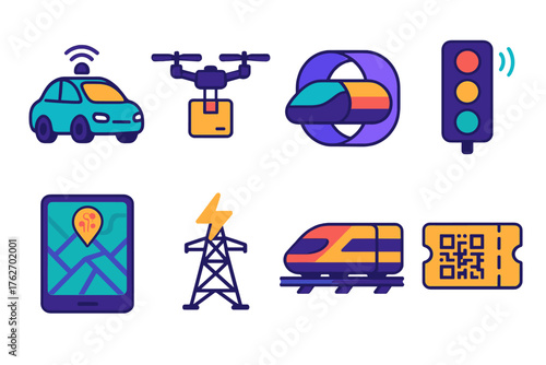 Future Transport flat icons: autonomous car, drone delivery, hyperloop pod, smart traffic light, AI map, energy grid, magnetic rail, digital ticket.
