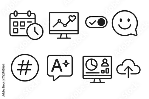 AI-Enhanced Post Scheduling outline icon set: smart timing suggestion, engagement prediction chart, auto-optimize toggle, sentiment analysis bubble, trending hashtag icon, AI