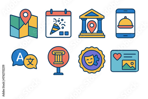 Cultural Travel Apps flat icons: local guide map, event calendar icon, museum locator, food discovery app, translation chat, heritage trail marker, cultural experience badge,