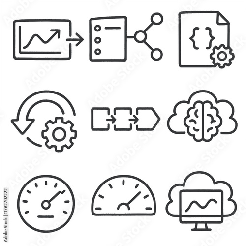 ML Deployment set of icons in doodle hand-drawn vector style: training to production flow, model endpoint, deployment script icon, smart cloud, runtime monitor, rollback option,