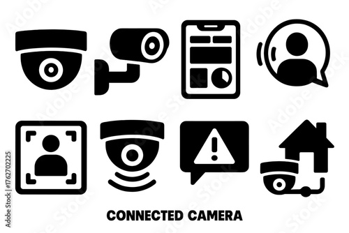 Connected Cameras silhouette set: dome cam, outdoor mount, app dashboard, voice control, activity zone, detection icon, alert notification, smart home link.