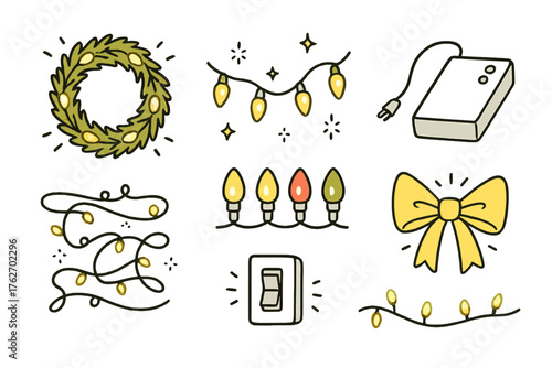 Christmas Wreath Lights set of icons in doodle hand-drawn vector style: glowing wreath, twinkling LED strand, battery pack, warm white bulbs, red and green lights, fairy string,