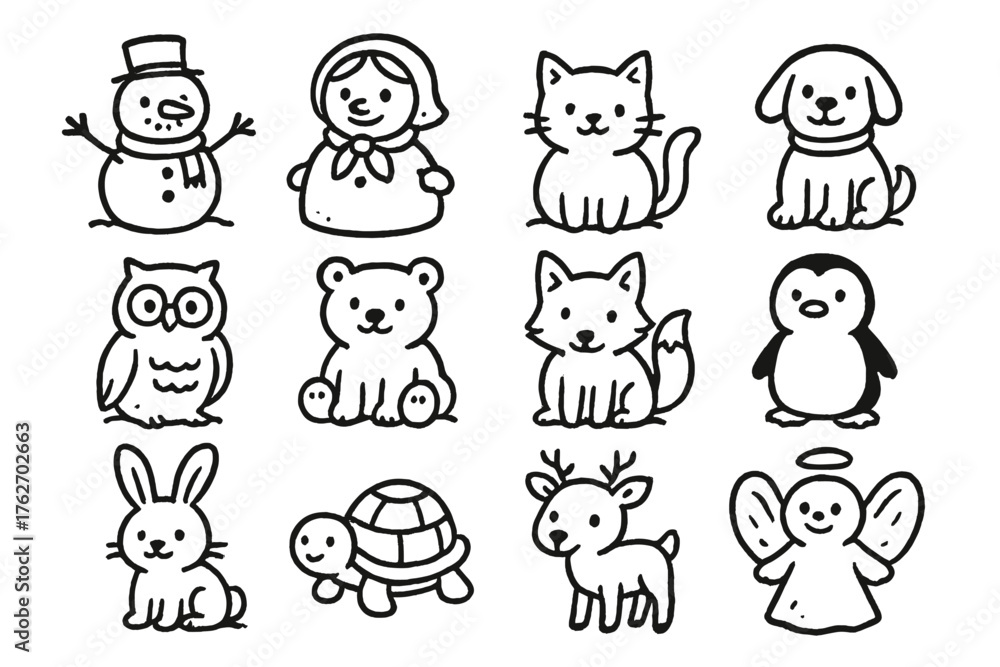 Fototapeta premium Snow Figures set of icons in doodle hand-drawn vector style: snowman, snowwoman, snow cat, snow dog, snow owl, snow bear, snow fox, snow penguin, snow rabbit, snow turtle, snow