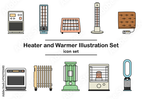 家庭用の暖房器具を描いたフラットデザインのアイコンセット｜冬の室内を彩るヒーターやストーブを並べた温かみのあるベクター素材