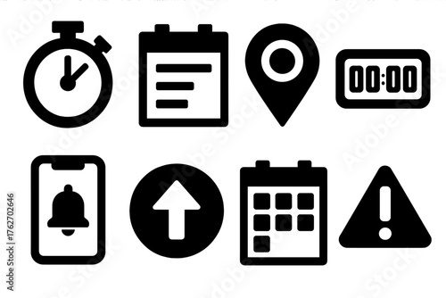 Time Management silhouette set: stopwatch, planner page, event marker, digital timer, reminder app, task priority, schedule grid, alert badge.