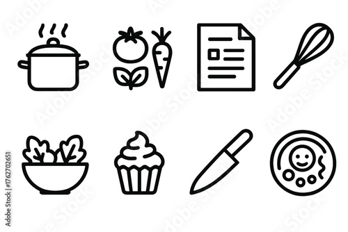 Creative Recipes outline icon set: cooking pot, ingredient icons, recipe sheet, whisk tool, salad bowl, cupcake, chopping knife, creative plate.