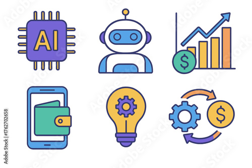 Fintech Innovation flat icons: AI chip, robot advisor, data analytics chart, mobile wallet, innovation lightbulb, financial automation.