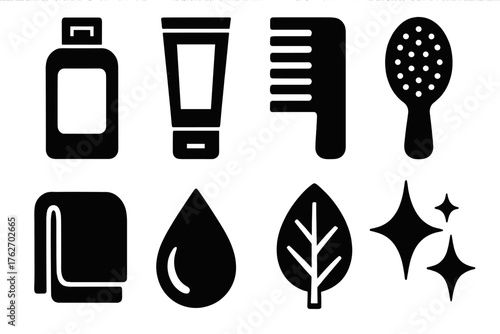 Healthy Hair silhouette set: shampoo bottle, conditioner tube, comb, hairbrush, towel, droplet icon, leaf symbol, sparkle effect.