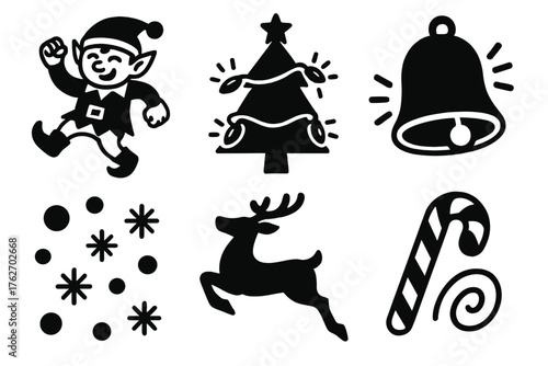Festive Motion Set silhouette set: dancing elf, blinking tree lights, jingling bell, flying reindeer, falling snow, swirling candy cane.