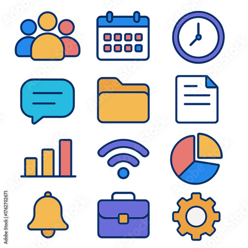 Team Coordination flat icons: group icon, calendar, clock, chat bubble, folder, document, bar chart, Wi-Fi signal, pie chart, briefcase, reminder bell, gear.