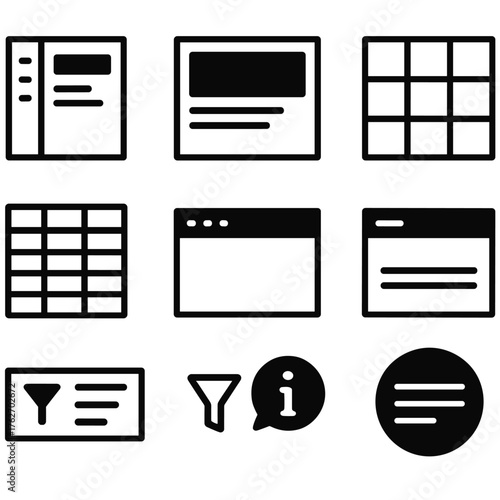 Web UI Patterns silhouette set: sidebar menu layout, hero header section, responsive grid system, sticky navigation bar, interactive table, filter and sort toolbar, tooltip icon,
