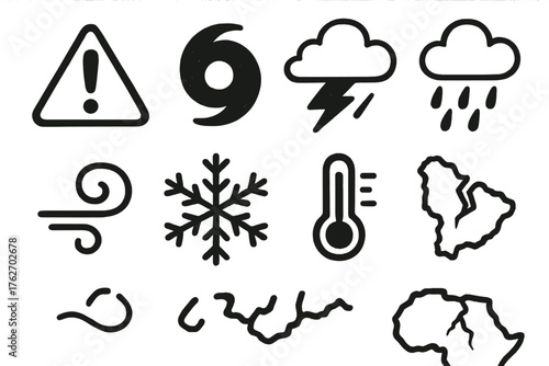 Severe Weather Alerts set of icons in doodle hand-drawn vector style: warning triangle, hurricane symbol, storm front, rainfall icon, wind swirl, freezing snowflake, thermometer,