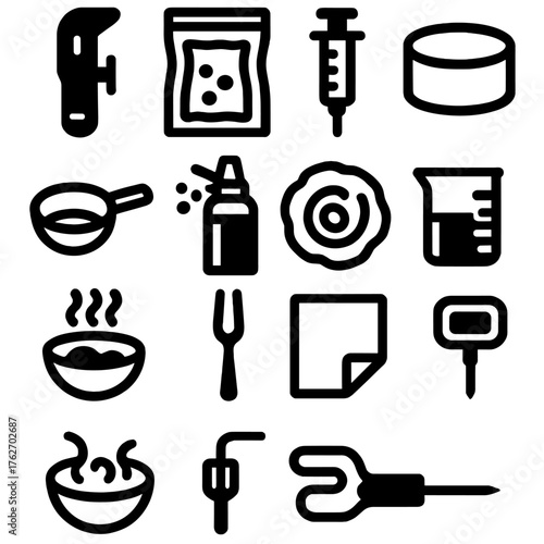 Innovative Chef Tools silhouette set: sous vide wand, vacuum bag, syringe, plating ring, fine sieve, molecular foam canister, dehydrated chip, beaker, liquid nitrogen bowl, tasting