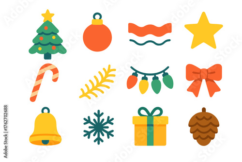 Tree Decorating flat icons: pine tree, ornament ball, ribbon garland, star topper, candy cane, tinsel, string lights, bow, bell, snowflake, gift box, pinecone.