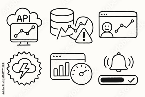 App Cloud Performance set of icons in doodle hand-drawn vector style: API performance icon, database query graph, error rate meter, user response time chart, cache optimization