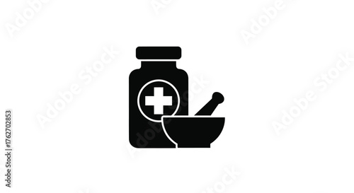 Medicine bottle mortar and pestle graphic as a black silhouette
