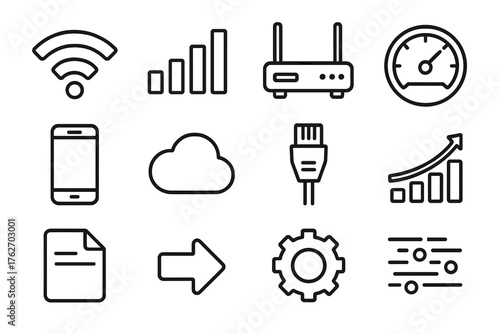 Network Performance outline icon set: Wi-Fi symbol, signal bars, router, speedometer, smartphone, cloud, cable plug, chart, document, arrow icon, gear, data stream.