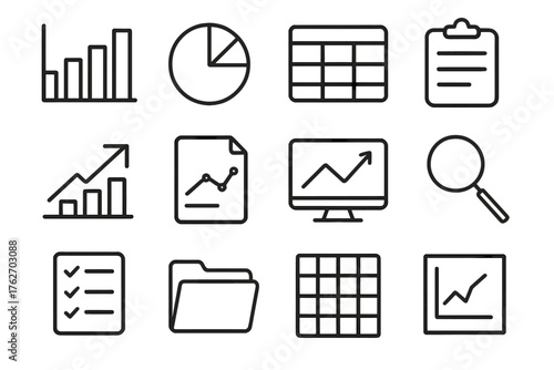 Analytic Charts outline icon set: comparison bars, pie diagram, data table, clipboard, arrow up, document file, trend line, screen icon, magnifier, checklist, folder, graph grid.