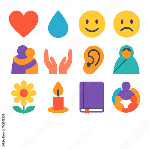 Emotional sensitivity flat icons: heart, tear drop, smiling face, sad face, hug, open hands, listening ear, comfort blanket, flower, candle flame, diary, support circle.