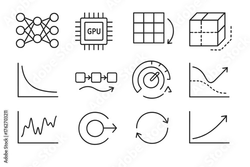 Deep Learning Optimization outline icon set: neural layers, GPU processor, gradient map, tensor icon, convergence curve, data stream, model tuning knob, learning rate icon,